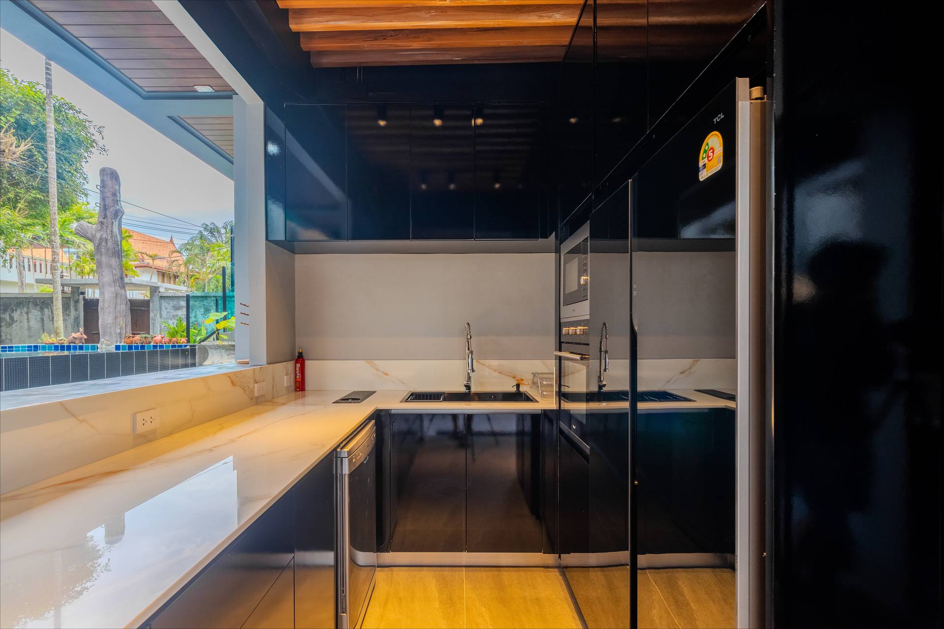 Modern kitchen island and dining counter for casual group meals and socializing