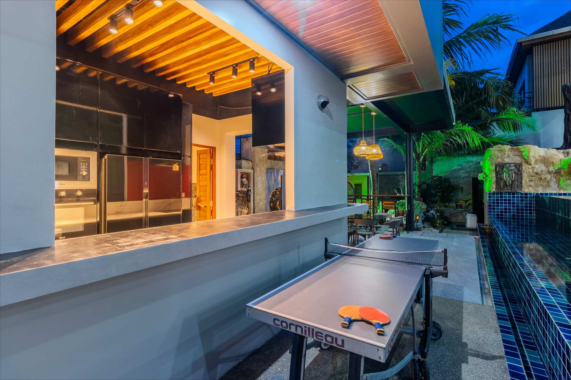 Pool illuminated at twilight with tropical surroundings